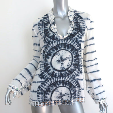 Tory Burch Stephanie Mirror-Embellished Tunic Top White/Navy Tie Dye Size 4