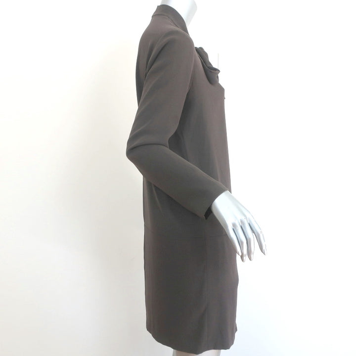 The Row Tie-Neck Shift Dress Gray Crepe Size 6 Long Sleeve Mini