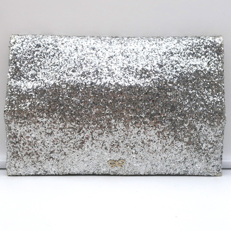 Anya Hindmarch Valorie Glitter Clutch Silver Small Evening Bag