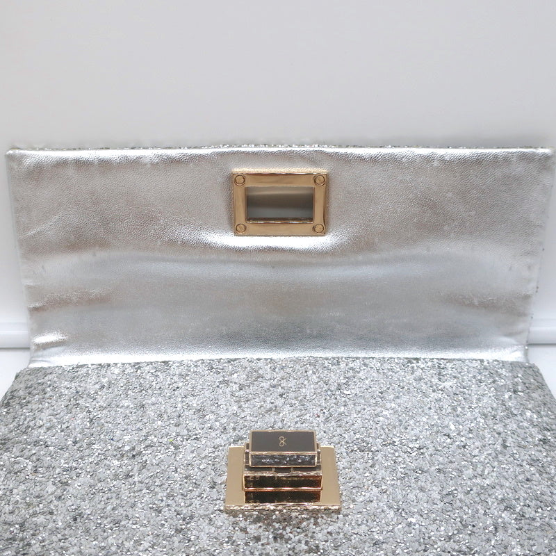 Anya Hindmarch Valorie Glitter Clutch Silver Small Evening Bag