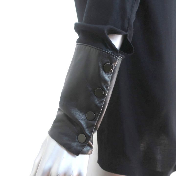 Helmut Lang Leather-Trim Top Black Viscose Size Small Long Sleeve Blouse