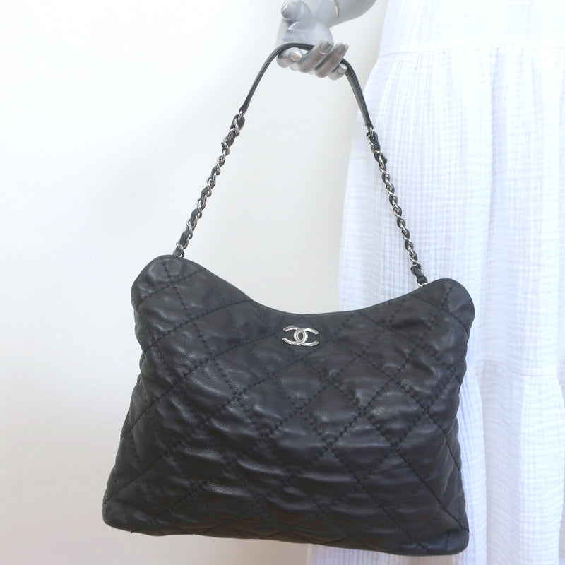 Chanel Black Quilted Leather Button Up Hobo