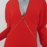 Victoria Beckham Chain-Embellished Dress Red Crepe Size US 8 Long Sleeve Midi
