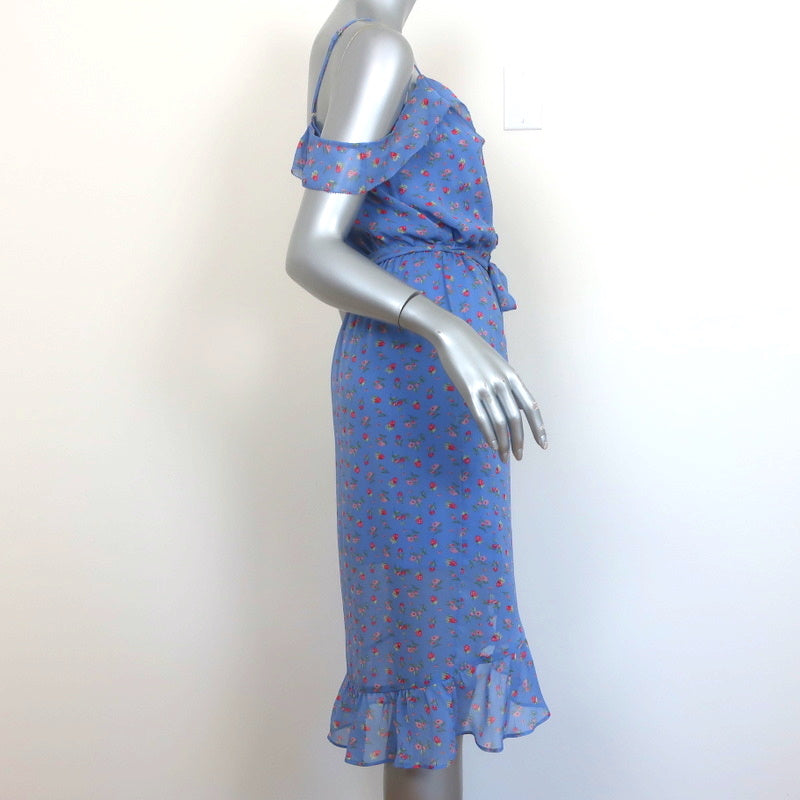 Joie Cold-Shoulder Dress Dinesha Blue Ruffled Strawberry Print Silk Size Small