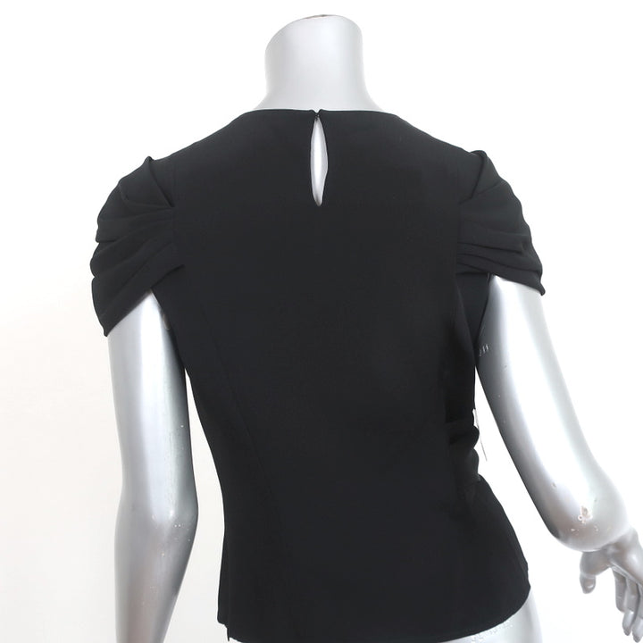 Oscar de la Renta Draped Blouse Black Pleated Silk Size 6 Cap Sleeve Top NEW