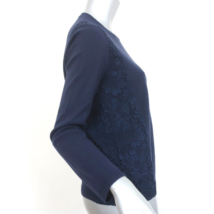 Valentino Sweater Navy Lace-Paneled Wool-Cashmere Size Small Crewneck Pullover