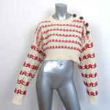 Meryll Rogge Cropped Sweater Ivory/Red Striped Wool Pointelle Knit Size Large