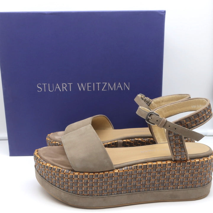 Stuart Weitzman Myway Flatform Sandals Stone Nubuck &amp; Woven Leather Size 7.5
