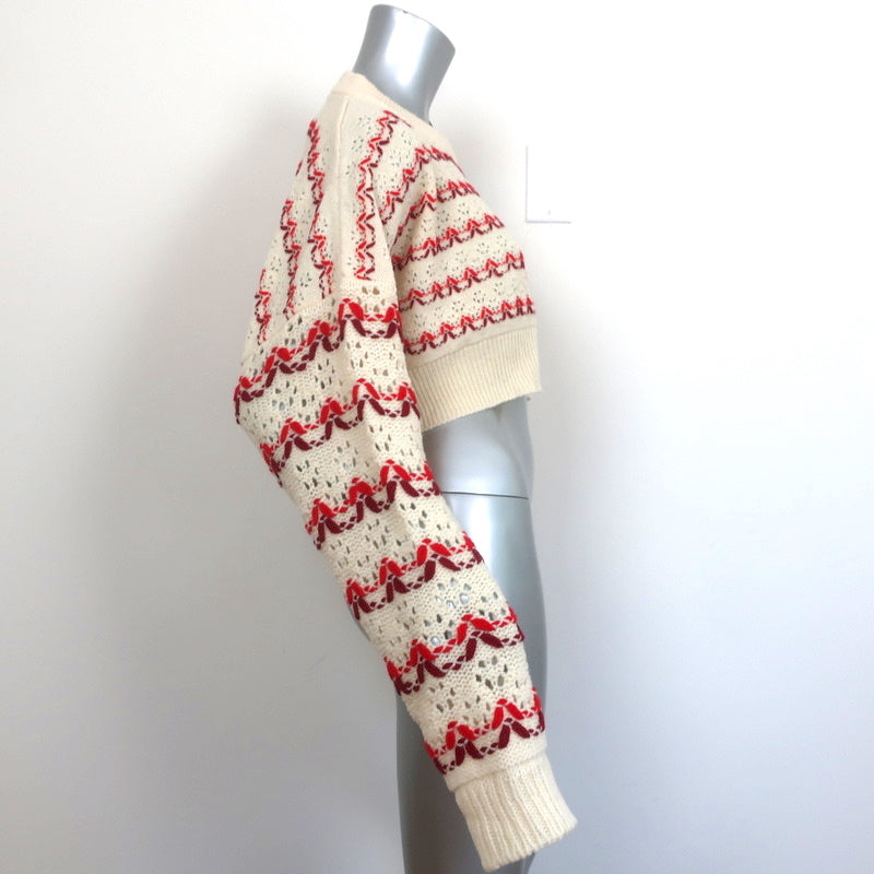 Meryll Rogge Cropped Sweater Ivory/Red Striped Wool Pointelle Knit Size Large