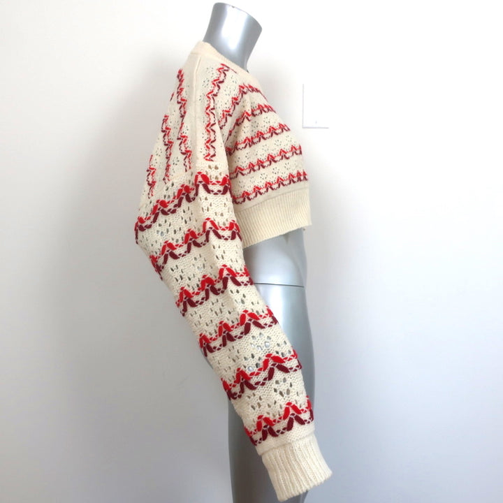 Meryll Rogge Cropped Sweater Ivory/Red Striped Wool Pointelle Knit Size Large