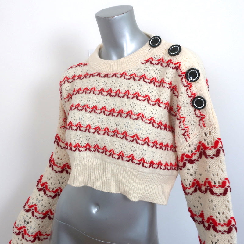 Meryll Rogge Cropped Sweater Ivory/Red Striped Wool Pointelle Knit Size Large