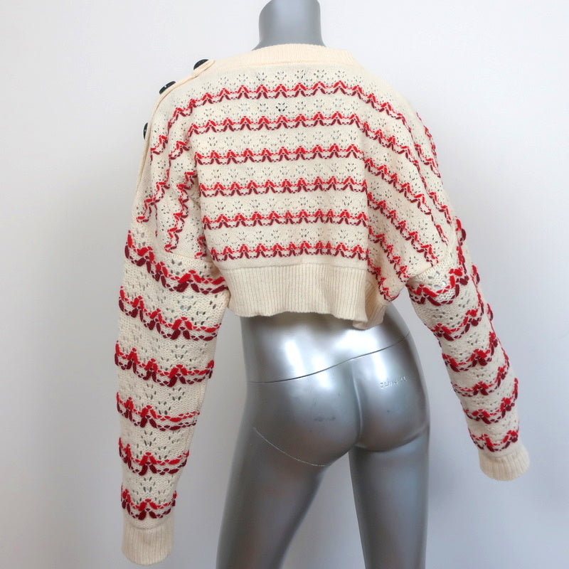Meryll Rogge Cropped Sweater Ivory/Red Striped Wool Pointelle Knit Size Large