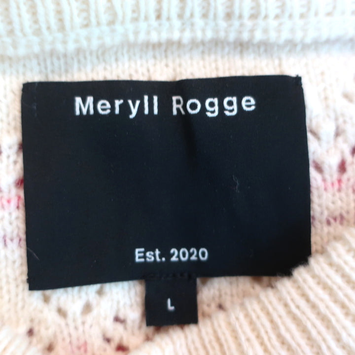 Meryll Rogge Cropped Sweater Ivory/Red Striped Wool Pointelle Knit Size Large