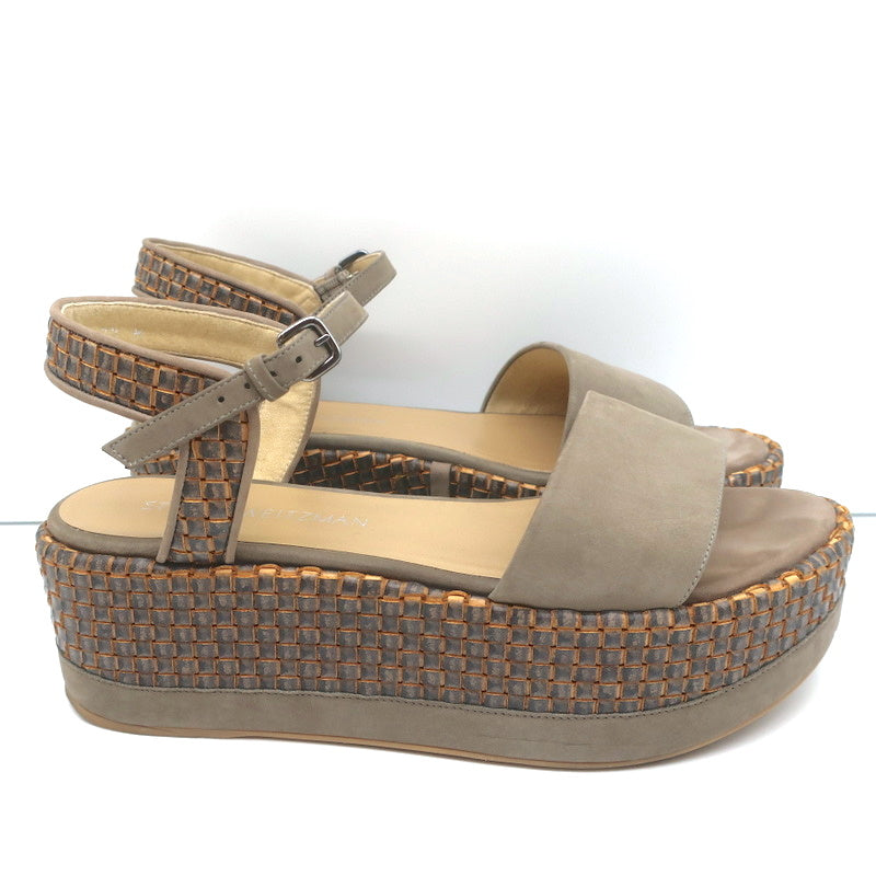 Stuart Weitzman Myway Flatform Sandals Stone Nubuck &amp; Woven Leather Size 7.5