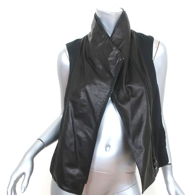 Vince Asymmetric Moto Vest Black Leather & Linen Size Extra Small