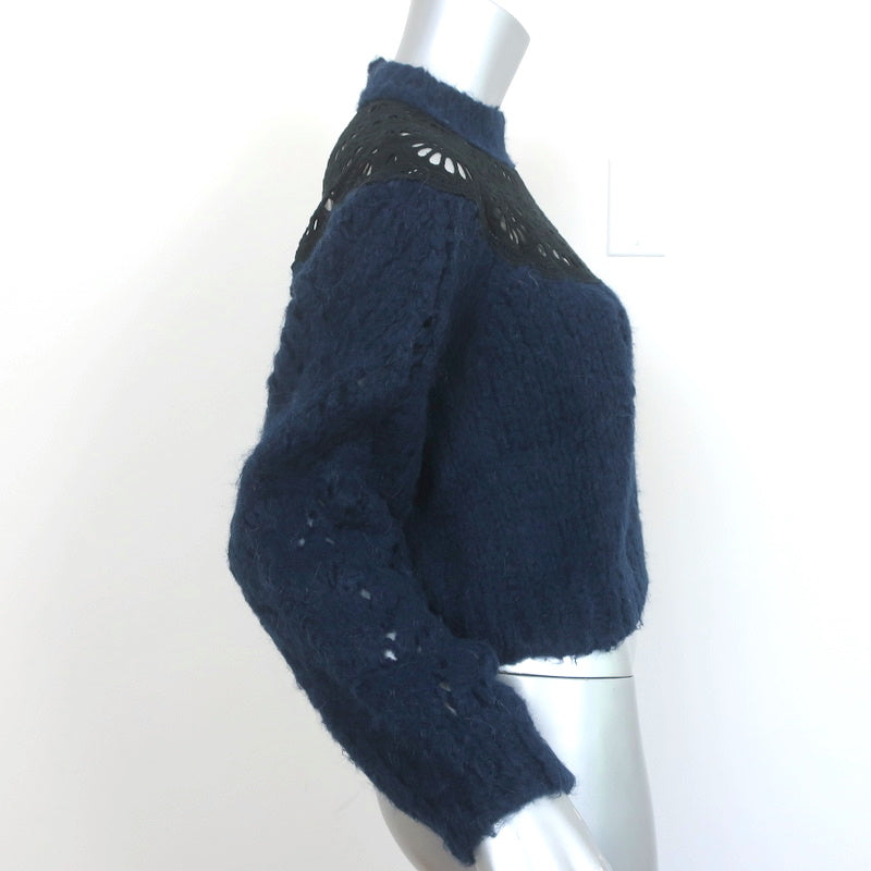 SEA Eyelet-Inset Sweater Navy Alpaca-Wool Size 2 Mock Neck Pullover