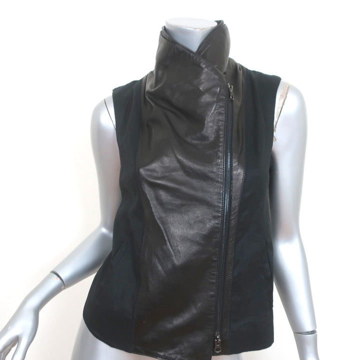 Vince Asymmetric Moto Vest Black Leather &amp; Linen Size Extra Small