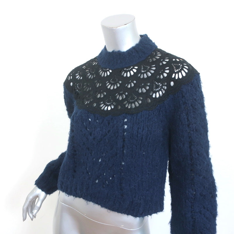 SEA Eyelet-Inset Sweater Navy Alpaca-Wool Size 2 Mock Neck Pullover