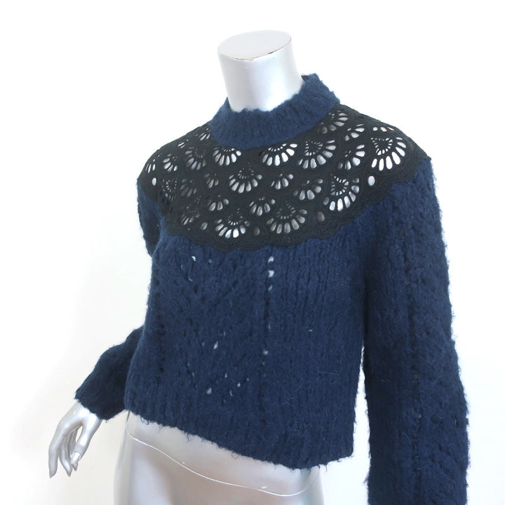 SEA Eyelet-Inset Sweater Navy Alpaca-Wool Size 2 Mock Neck Pullover