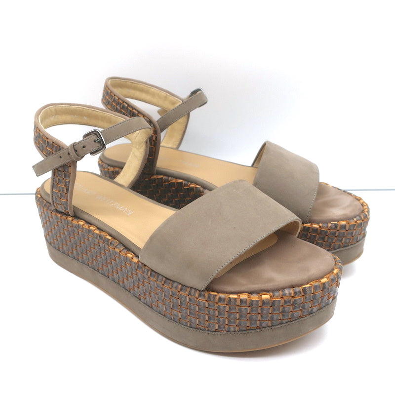 Stuart Weitzman Myway Flatform Sandals Stone Nubuck &amp; Woven Leather Size 7.5