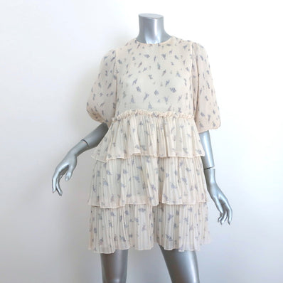 GANNI Tiered Mini Dress Cream Floral Print Pleated Georgette Size 34