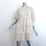 GANNI Tiered Mini Dress Cream Floral Print Pleated Georgette Size 34