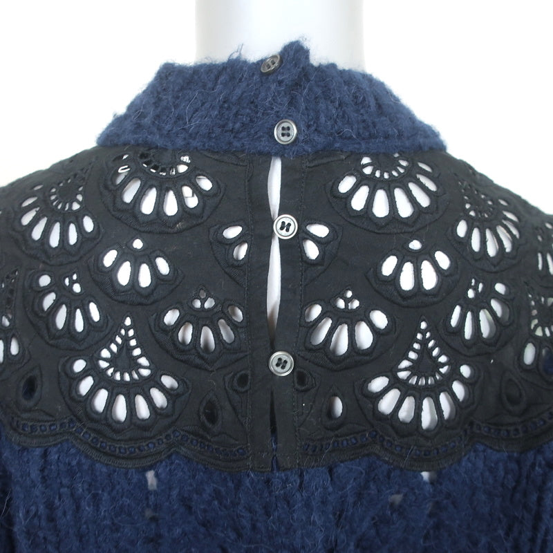 SEA Eyelet-Inset Sweater Navy Alpaca-Wool Size 2 Mock Neck Pullover