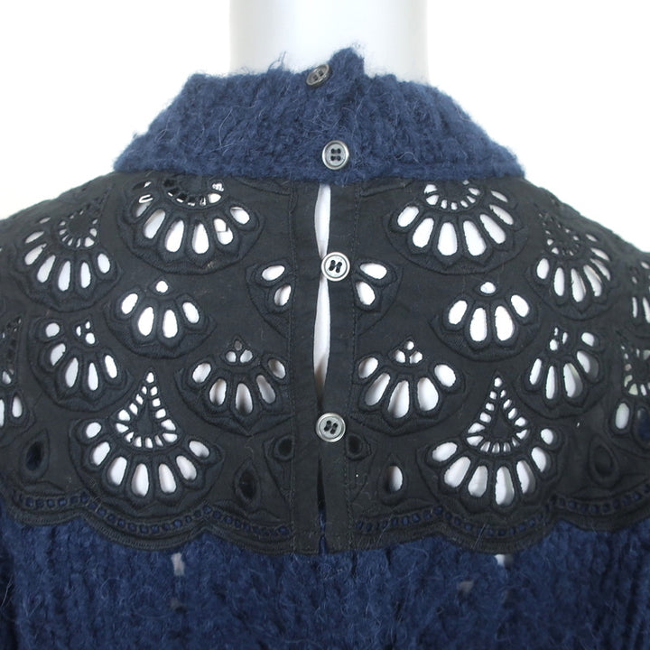 SEA Eyelet-Inset Sweater Navy Alpaca-Wool Size 2 Mock Neck Pullover