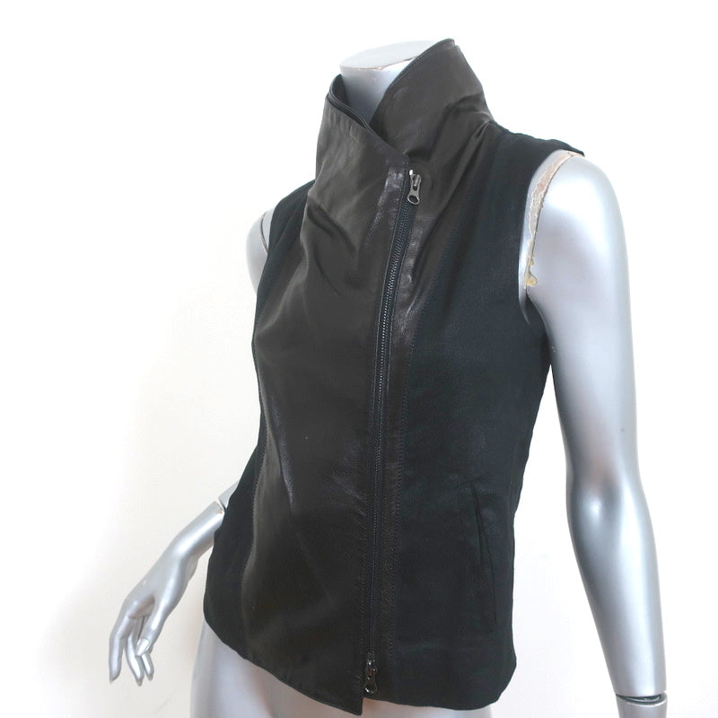 Vince Asymmetric Moto Vest Black Leather &amp; Linen Size Extra Small