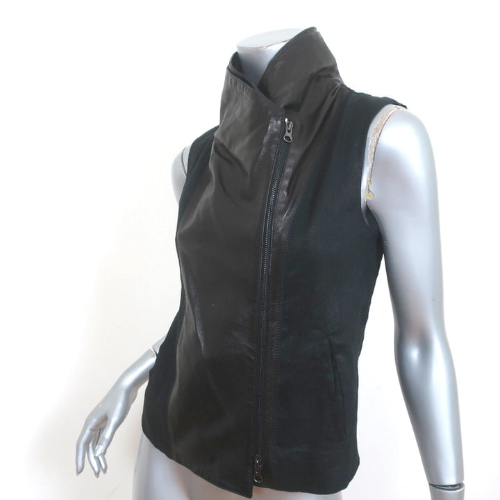 Vince Asymmetric Moto Vest Black Leather &amp; Linen Size Extra Small