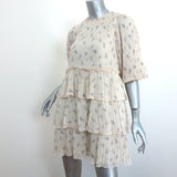 GANNI Tiered Mini Dress Cream Floral Print Pleated Georgette Size 34
