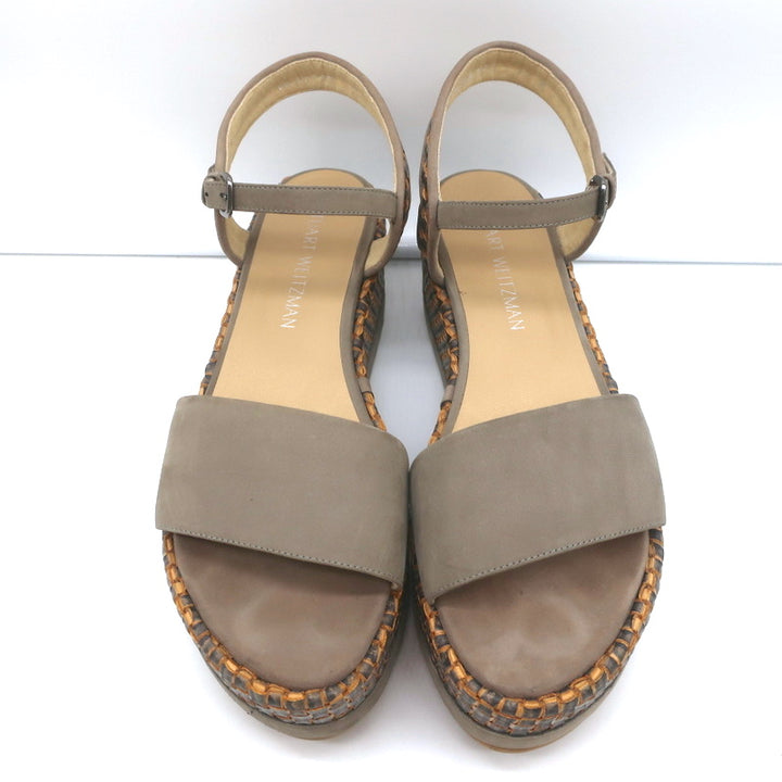 Stuart Weitzman Myway Flatform Sandals Stone Nubuck &amp; Woven Leather Size 7.5