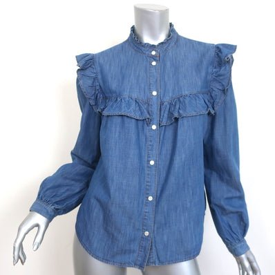 Veronica Beard Tes Ruffled Chambray Blouse Size 6 Long Sleeve Top