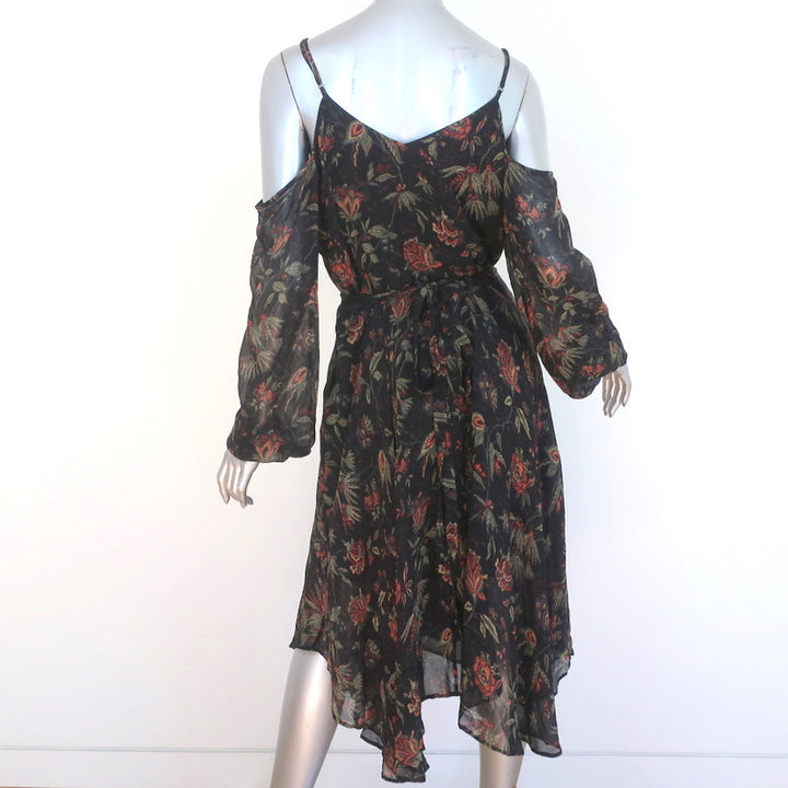 Paige Cold Shoulder Wrap Dress Black Floral Print Silk Chiffon Size Medium