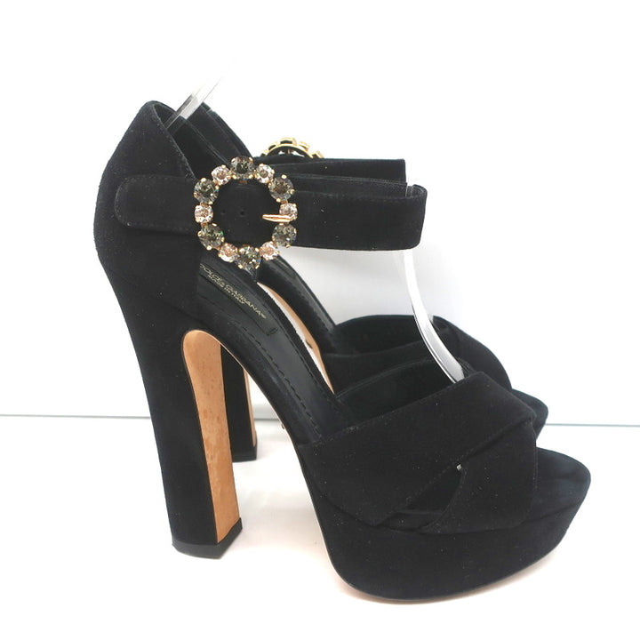 Dolce &amp; Gabbana Crystal Buckle Platform Sandals Black Crisscross Suede Size 36