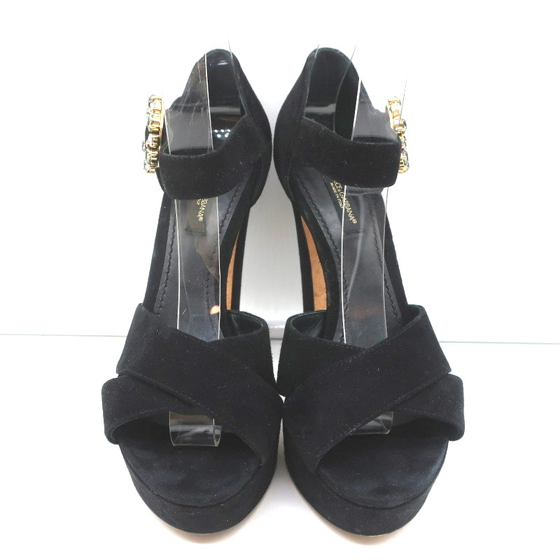 Dolce &amp; Gabbana Crystal Buckle Platform Sandals Black Crisscross Suede Size 36