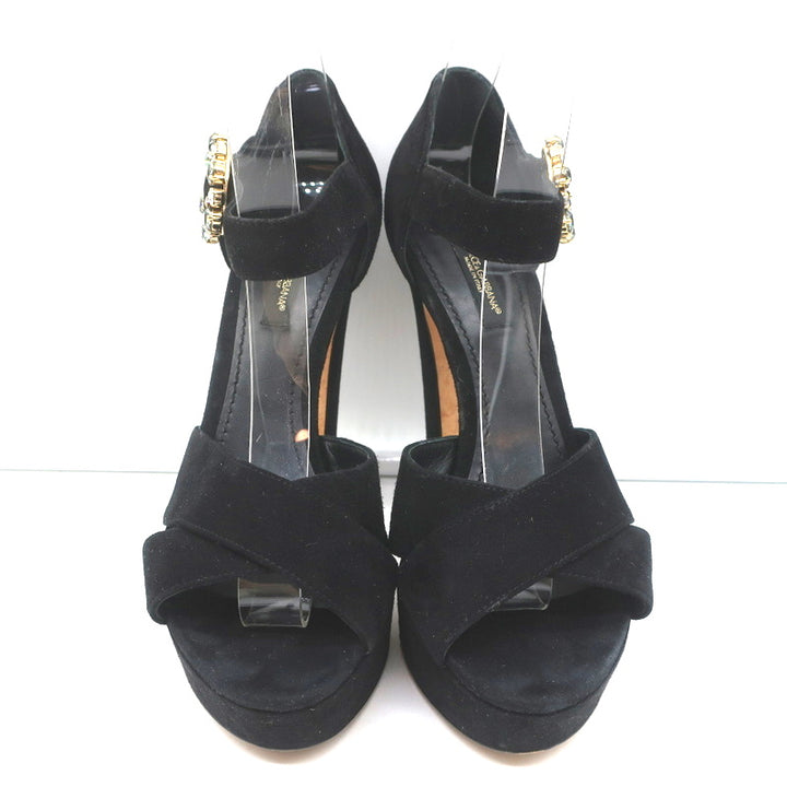 Dolce &amp; Gabbana Crystal Buckle Platform Sandals Black Crisscross Suede Size 36