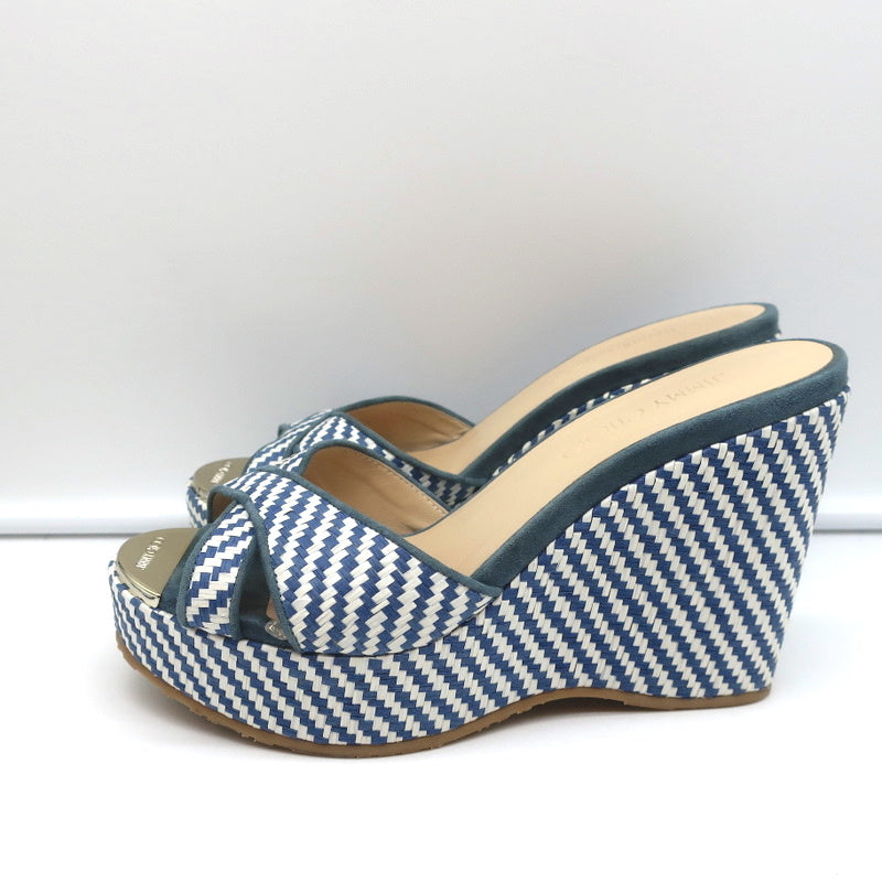 Chanel Denim Raffia Wedge Sandals Light Blue Size 37 Platform Slides