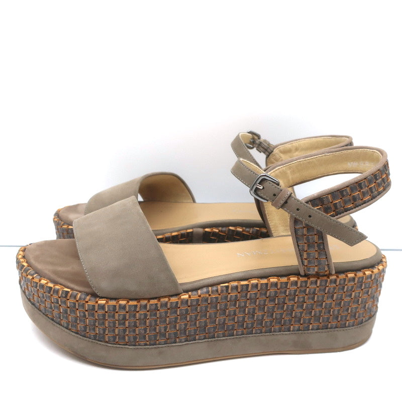 Stuart Weitzman Myway Flatform Sandals Stone Nubuck &amp; Woven Leather Size 7.5