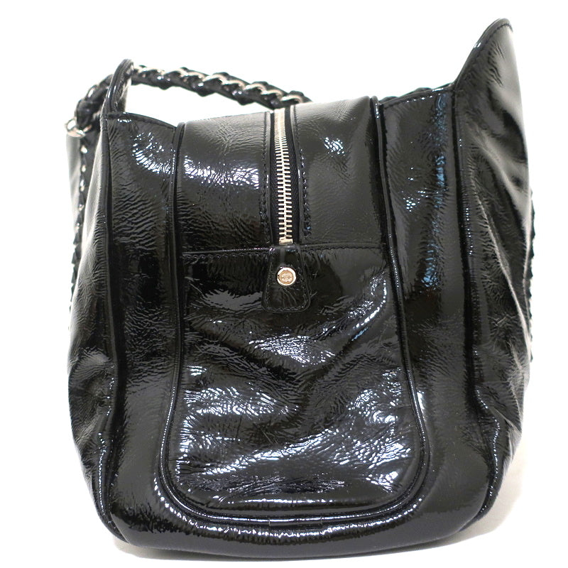 SOLD - CHANEL Grey Wool Felt Black Patent Leather Silver Chain 2 Way L  Shopper Tote Bag - My Dreamz Closet