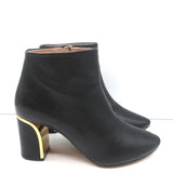 Chloe Beckie Gold-Trim Ankle Boots Black Leather Size 36.5 Mid-Heel Booties