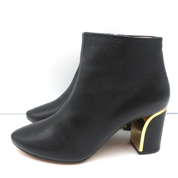 Chloe Beckie Gold-Trim Ankle Boots Black Leather Size 36.5 Mid-Heel Booties