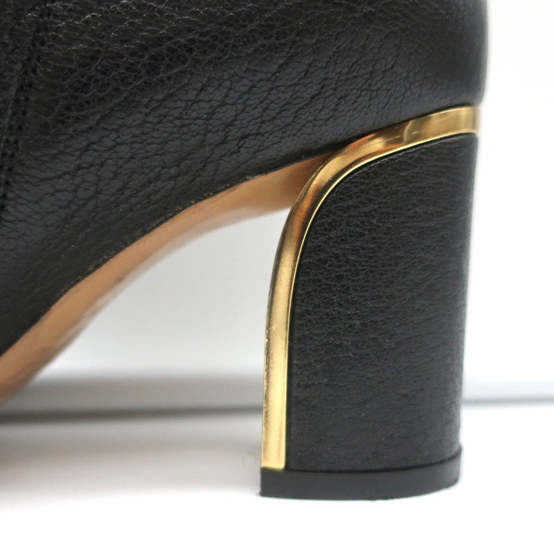 Chloe Beckie Gold-Trim Ankle Boots Black Leather Size 36.5 Mid-Heel Booties