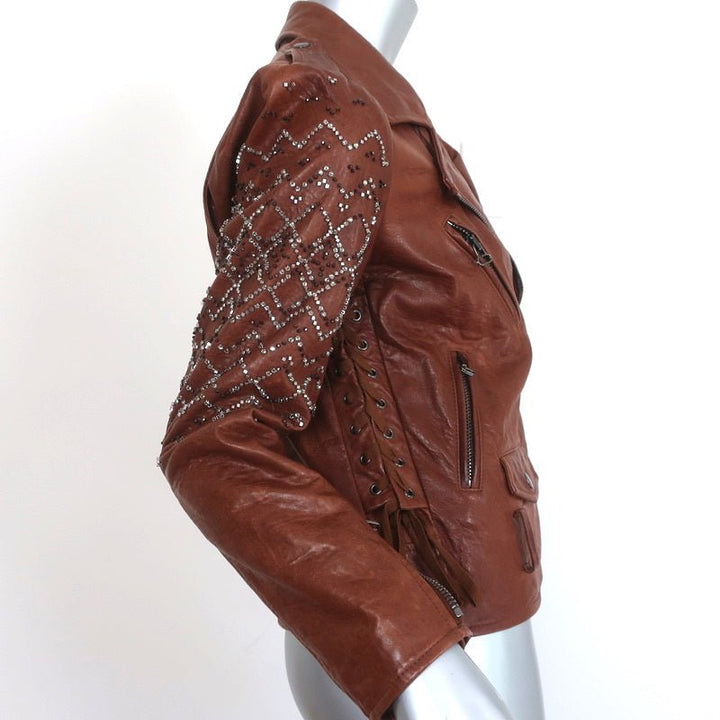 3.1 Phillip Lim Crystal-Embellished Leather Motorcycle Jacket Brown Size 6 - Celebrity Owned