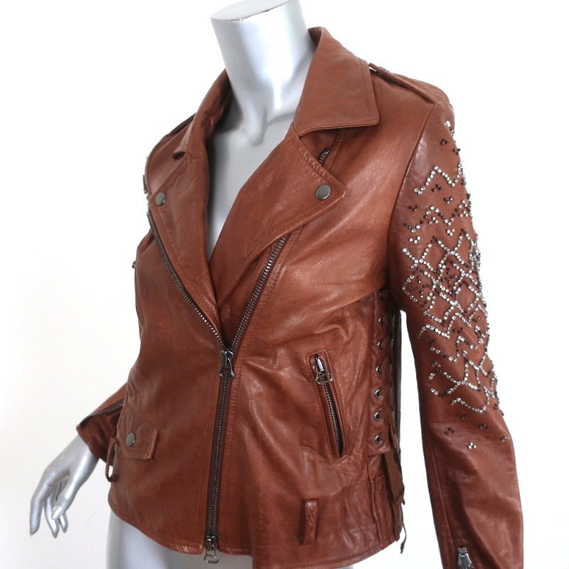3.1 Phillip Lim Crystal-Embellished Leather Motorcycle Jacket Brown Size 6 - Celebrity Owned