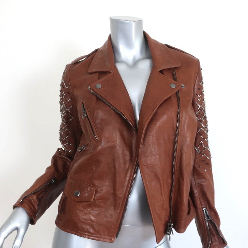 3.1 Phillip Lim Crystal-Embellished Leather Motorcycle Jacket Brown Size 6 - Celebrity Owned