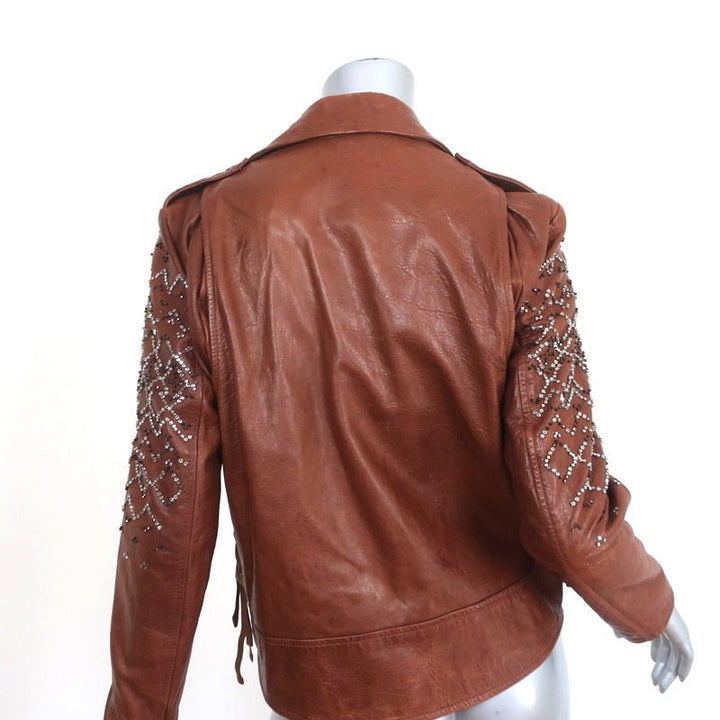 3.1 Phillip Lim Crystal-Embellished Leather Motorcycle Jacket Brown Size 6 - Celebrity Owned