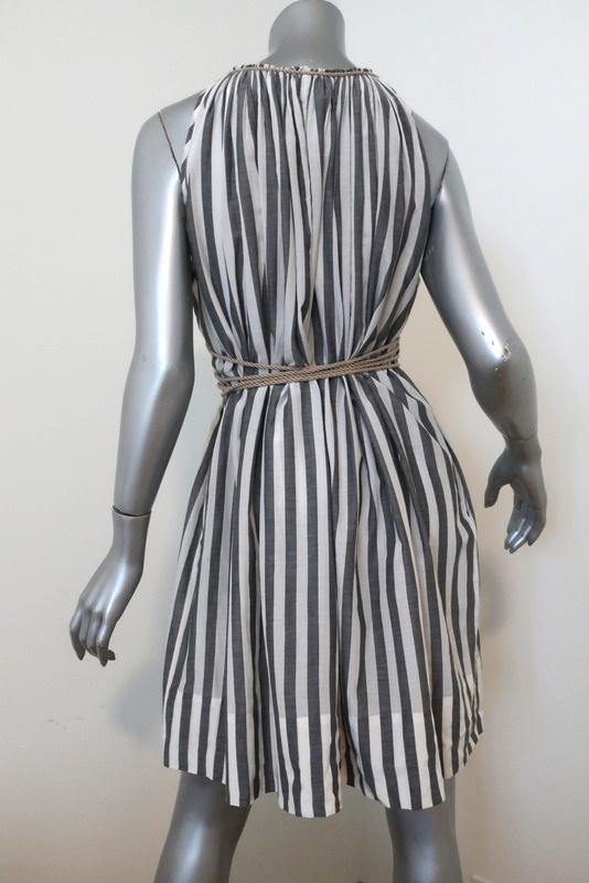 3.1 Phillip Lim Striped Dress with Rope Tie White/Gray Size 6 Sleeveless V-Neck - Celebrity Owned