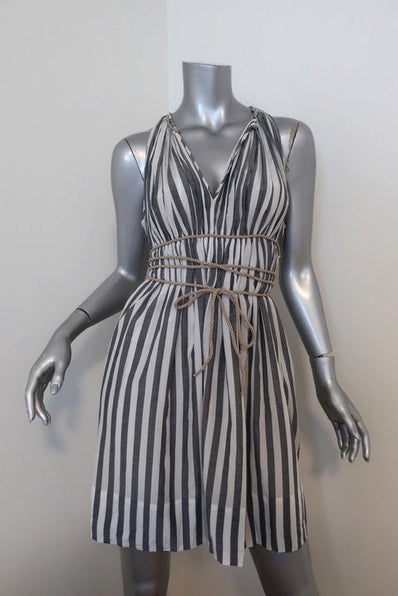 3.1 Phillip Lim Striped Dress with Rope Tie White/Gray Size 6 Sleeveless V-Neck - Celebrity Owned