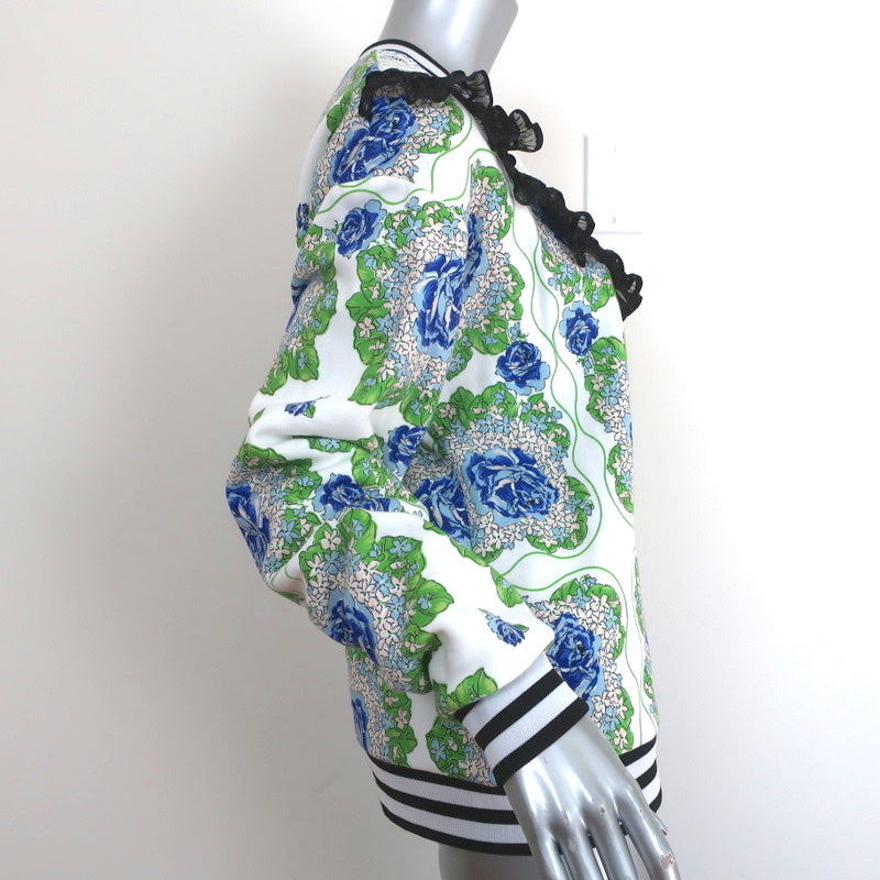 Rodarte Ruffled Lace Yoke Sweatshirt White/Blue Floral Print Size Extra Small